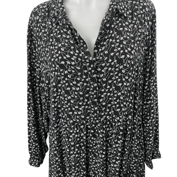MONKL Black White Floral Long Sleeve Collared Pleated Midi Swing Dress Size XL - Image 3
