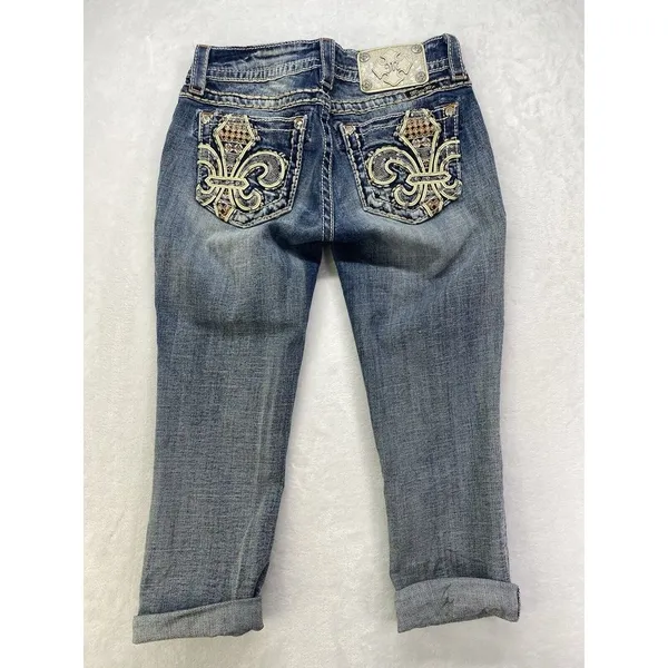 Miss Me Jeans Womens Sz 25 cuffed‎ capri Denim Embellished Fleur de lis Pockets - Image 11