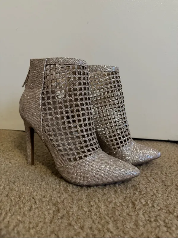 ANNE MICHELLE Gold Shimmery Pointed Toe Lattice Cutout Ankle Booties Size 7 - Image 2