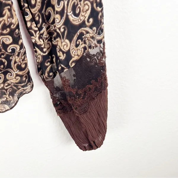 SANDRO Baroque Brown Paisley Print Sheer Lace Trim Blouse Size Small Boho Chic - Image 6