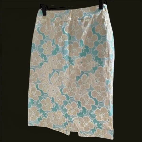 Antonio Melanie Pencil Skirt Women's Size 0 Teal Gold Floral Brocade - Image 2