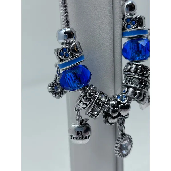 Teacher Charm Bracelet Blue Apple #1 Teacher Book ABC Heart Spacers 8"‎ Long - Image 4