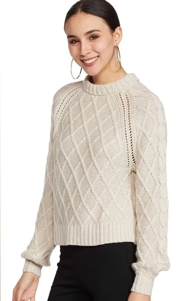 American Eagle Cable Knit Long Sleeve Cropped Sweater, Tan/Beige, Size S, EUC - Image 3