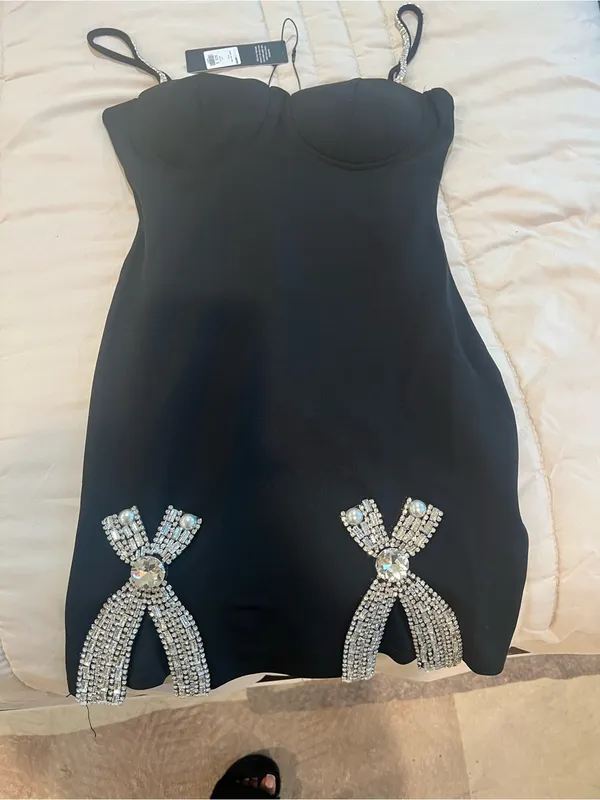Black Rhinestone Bow Bodycon Mini Dress - Image 8