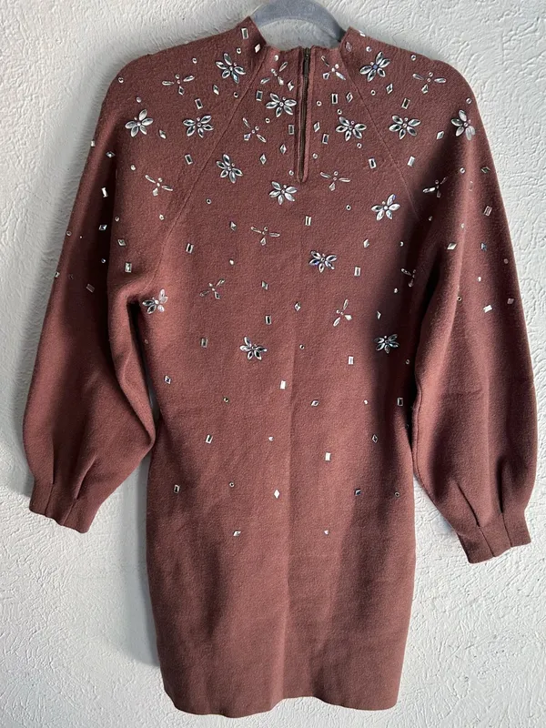 Anthropologie Sweater Dress ChocolateBrown Crystal Mock Neck Balloon Small - Image 4