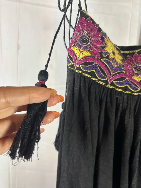 Free People Black Tiered Embroidered Tie-String Camisole - Image 4