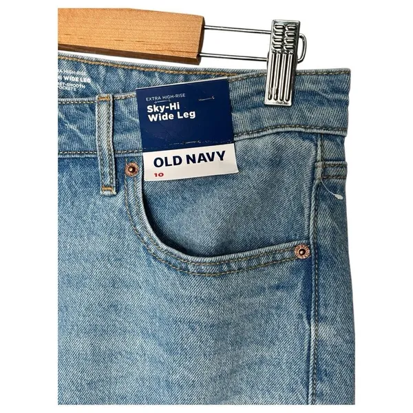 New Old Jeans Navy Womens 10 Extra High Rise Sky Hi Wide Leg Raw Hem Light Blue - Image 7