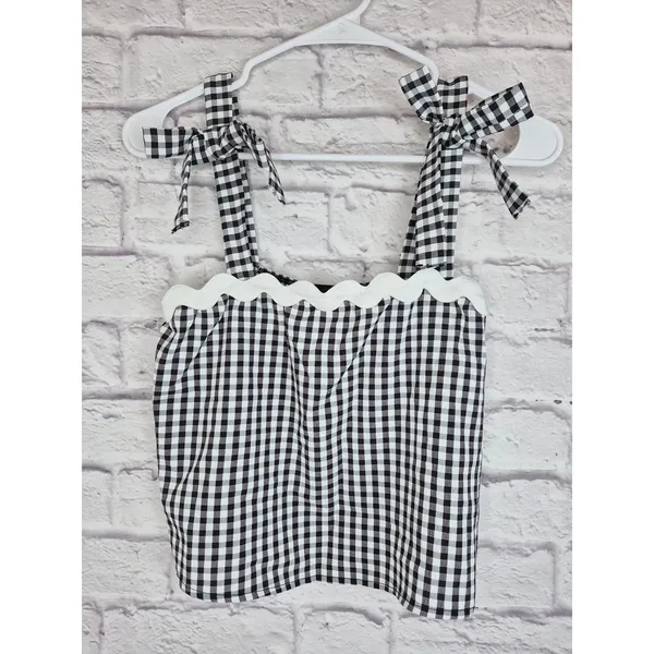 ​21 Saints Black White Gingham 2 Piece Set Ric Rac Scallop Crop Top Skirt Size M - Image 4