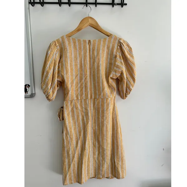 Zara Mustard Yellow Striped Linen Blend Cutout Puff Sleeve Mini Wrap Dress XS - Image 3