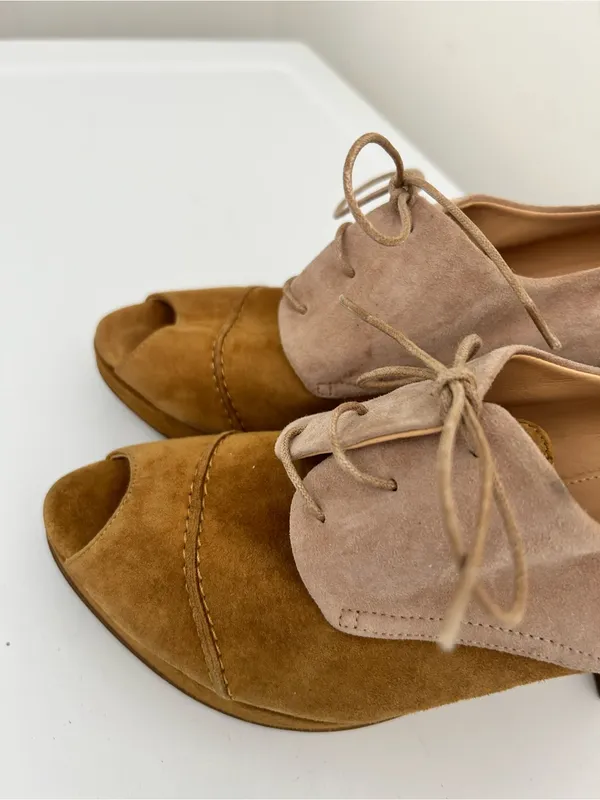 J Crew Peep Toe Suede Oxford Heels Tan Camel Two Tone Size 8 - Image 6