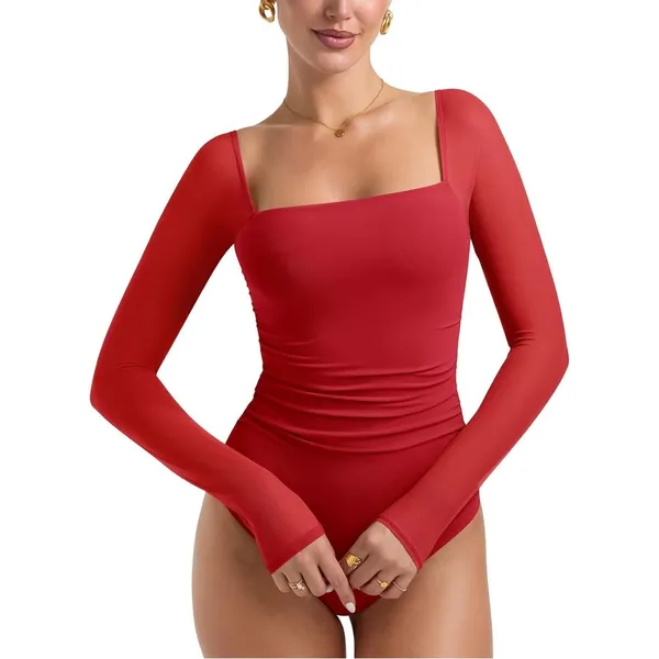 Pinkm Style Red Sheer Mesh Ruched Long Sleeve Bodysuit NWOT Size Large - Image 3