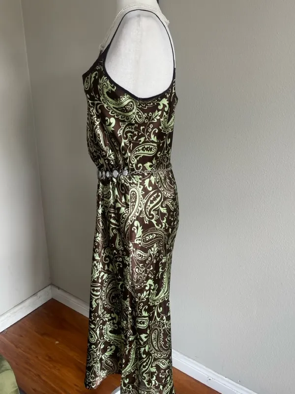Brown & Light Green Paisley Slip Dress Size M - Image 4