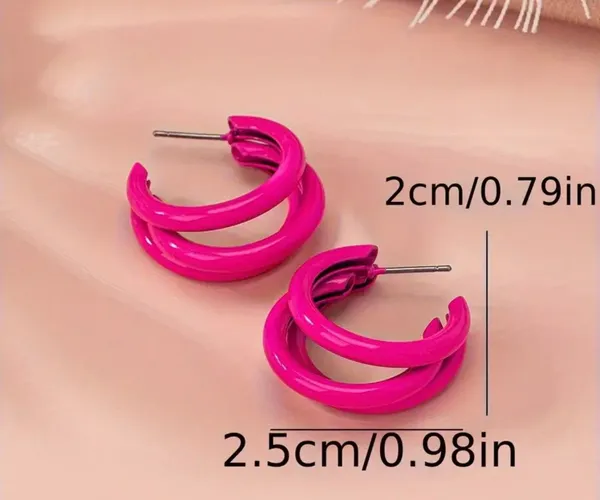 Vibrant Hot Pink Hoop Earrings - Triple Layer C Shape, Durable Iron - Image 3