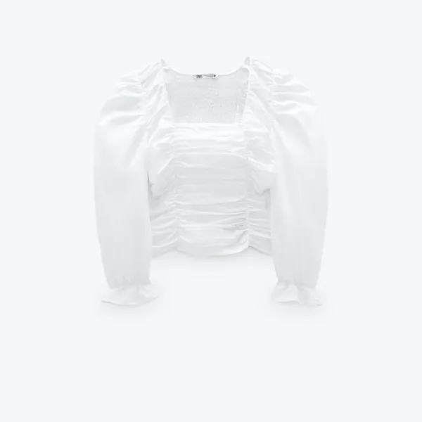 Zara White Poplin Ruched Smocked Balloon Sleeve Crop Top - Image 2