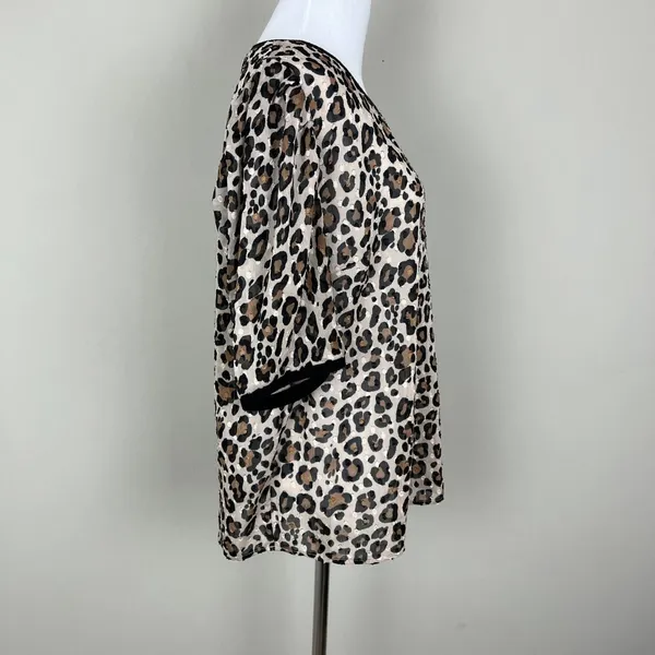 A New Day Top Womens Large Leopard Animal Print‎ Short Sleeve Sheer Blouse L - Image 6