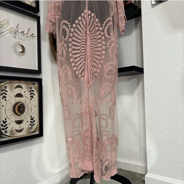 American Flirt Pink Lace Duster Kimono Sheer Mesh Long Cardigan - Image 5