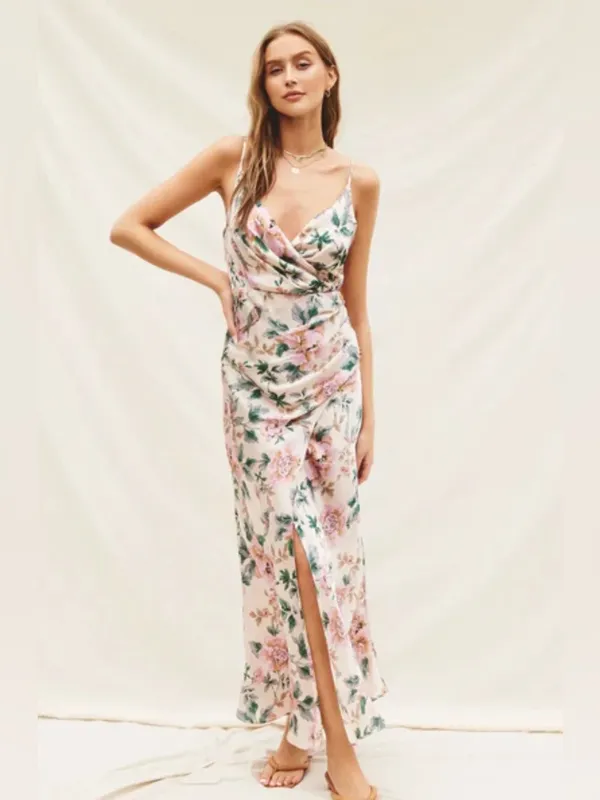 Baltic Born Annabel Satin Maxi Dress Sleeveless Floral Pink Green S - Image 4