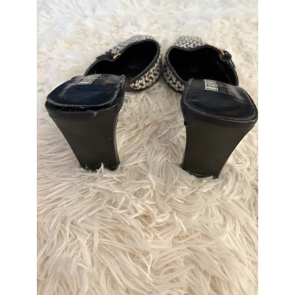 Leslie Fay Black and White Woven Mules Heels‎ Square Toe Retro 9 - Image 6