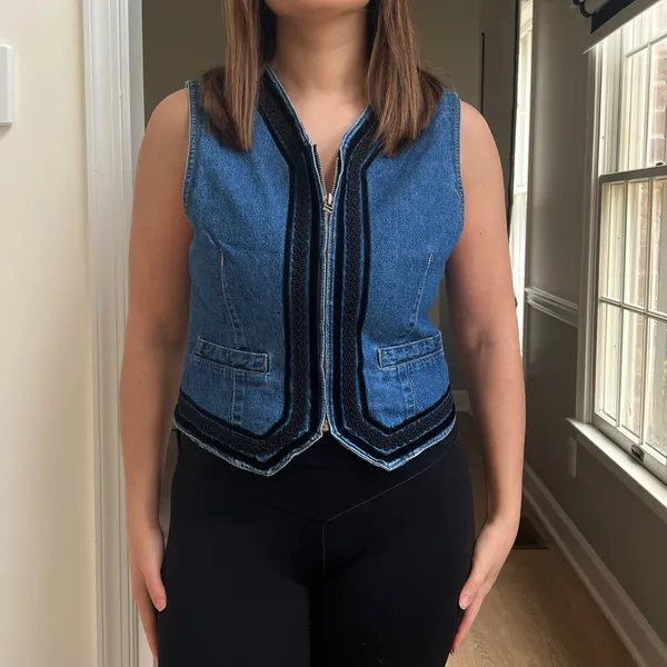 Vintage 90s Lizwear Cropped Denim Vest Small Velvet Trim - Image 5