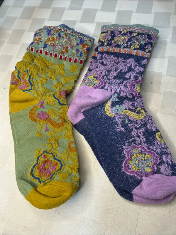 Source Unknown Two Pair of Floral Crew Socks - Yellow & Purple - Image 2