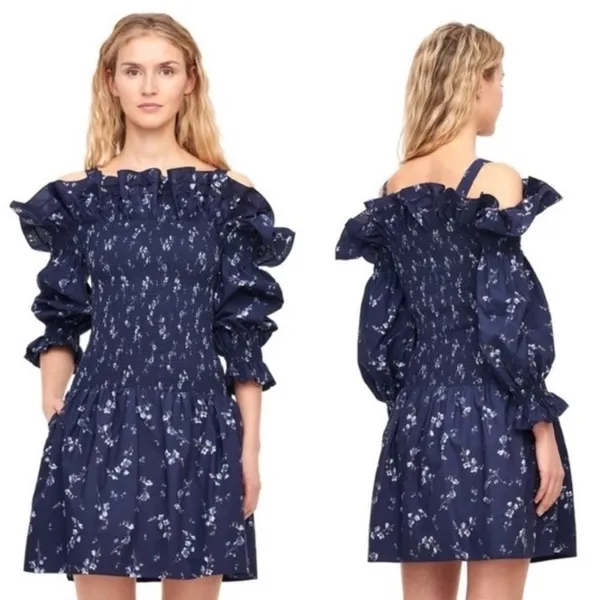 Revolve REBECCA‎ TAYLOR Francine Off Shoulder Dress Floral Smocked Navy Blue 0 - Image 15