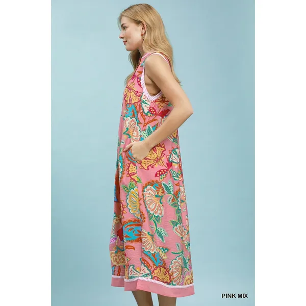 Umgee Paisley Floral Sleeveless Midi‎ Dress - Pink Mix - Large - Image 2