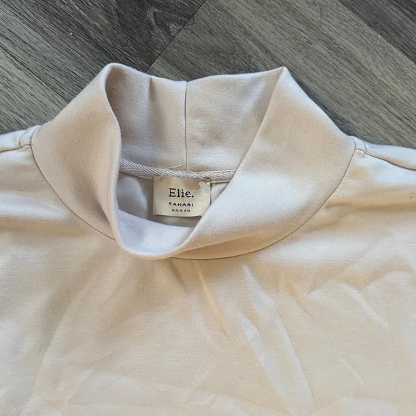 Ellie Tabari Cream Mock Neck Top Oversized Elegant Gold Zip Pullover Sweater - Image 5