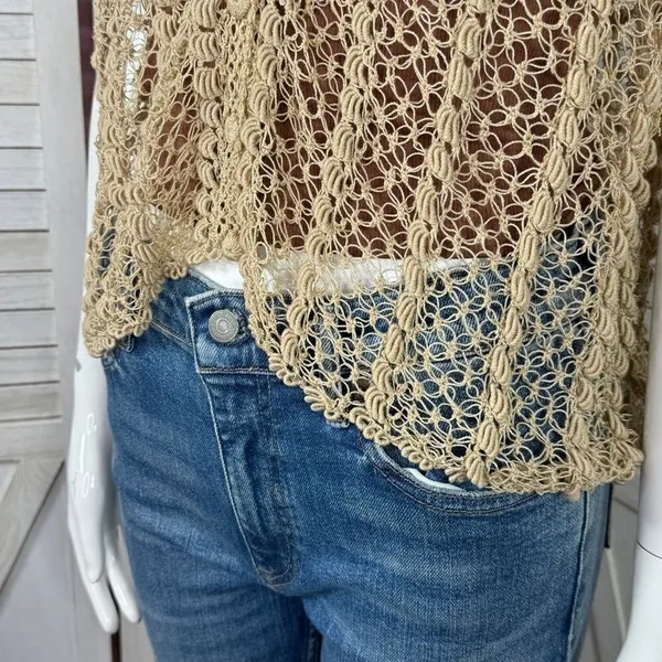Vintage Boho Crochet Lace Sheer Topper Cardigan Button Up Tan Medium Cottagecore - Image 6