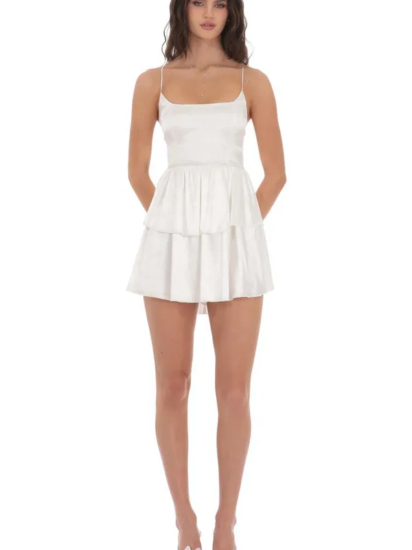 Lucy in the Sky Satin Jaquard Ruffle Mini Dress White Small NWT FLAW - Image 9