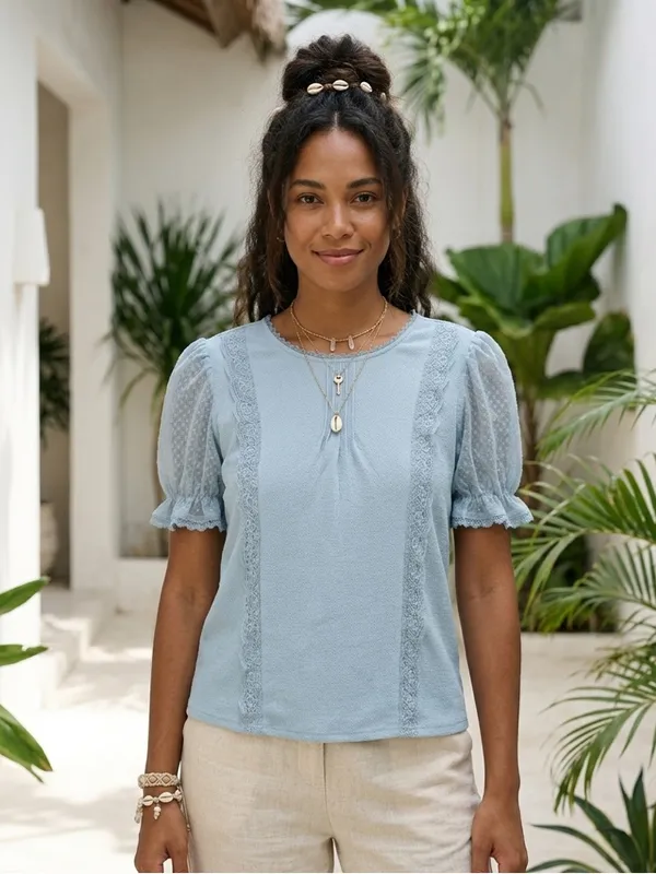 COOKIES CLOTHING Light Blue Lace Trim Swiss Dot Sheer Puff Sleeve Blouse - Image 2