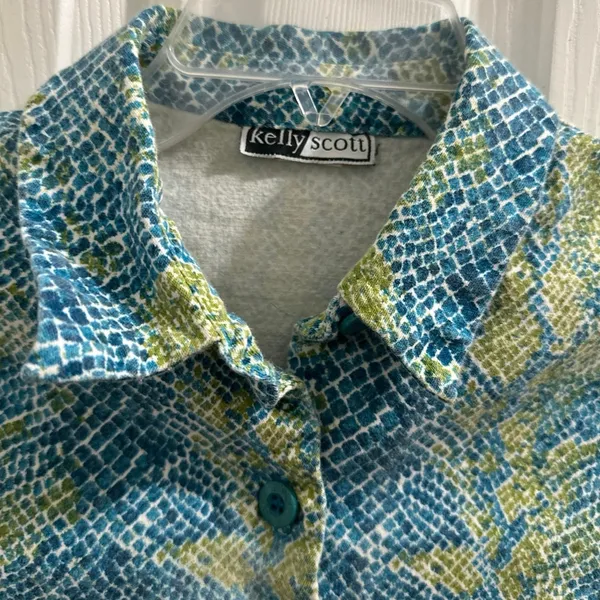 Kelly Scott Blue and Green Python Snake Print Animal Pattern Knit Jacket S! - Image 3