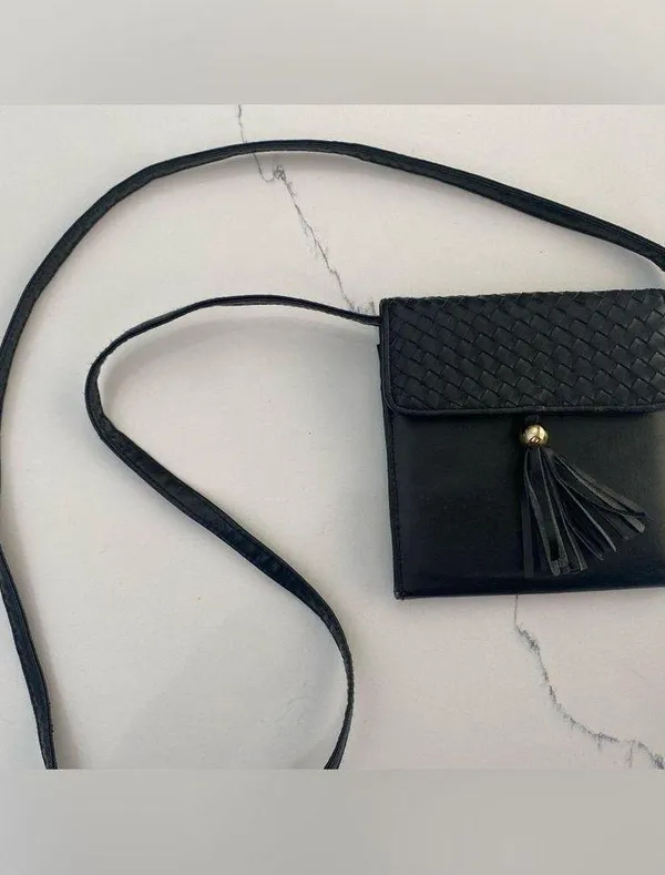 Vintage 80s-90s Faux Leather Black Small Crossbody Purse With Tassels - Image 4