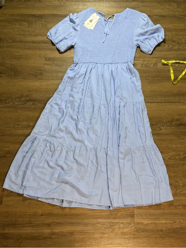 Smocked Bodice Puff Sleeve Maxi Dress in Light Blue - Image 7