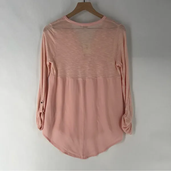 Lucky Brand Light Pink Woven Mix Henley Top Size‎ S - Image 9