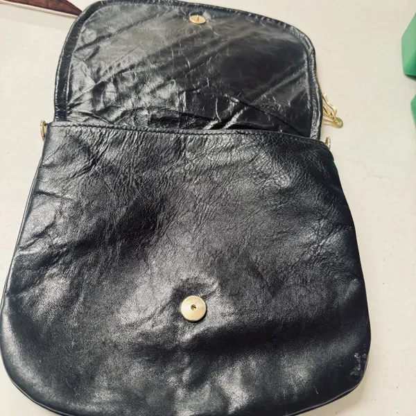 Vintage 70s suede & leather striped saddle bag purse flap gold chain patchwork‎ - Image 3