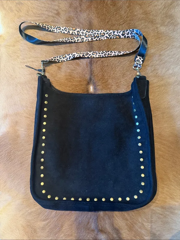 Ahdorned Black Micro Suede Studded Messenger Crossbody Bag Interchangeable Strap - Image 2