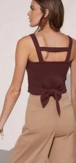 Anthropologie Smocked Tank Top Size XS Brown Cocoa Cotton Tie Back Lined Stretch - Image 2