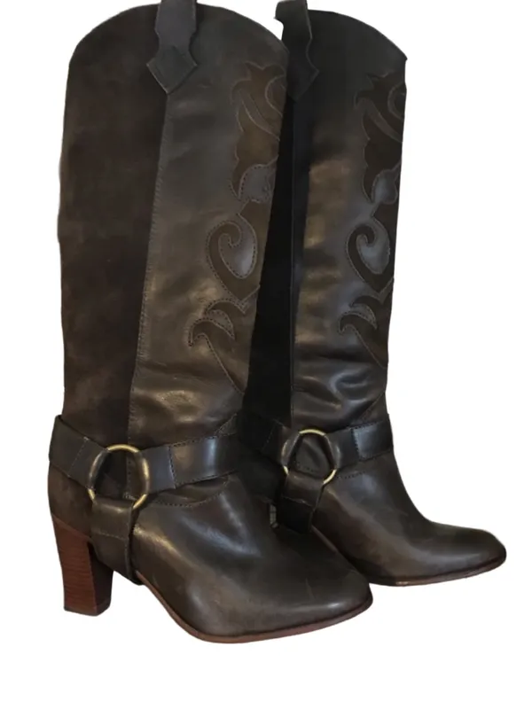 L.L. Bean Dark Brown Suede & Leather Western Style Heeled Calf High Boots (6.5) - Image 3