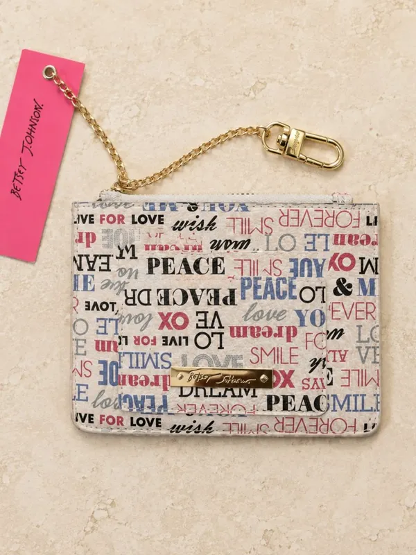 Betsey Johnson Multicolor Word Print Zip Card Holder Keychain Wallet NWT - Image 5