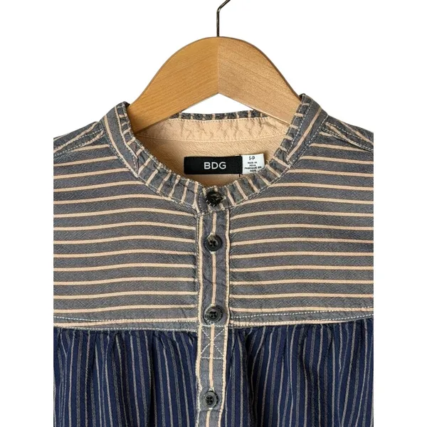 BDG Shirt Women Small Blue Mixed Stripe Band Collar Cotton Top Popover Preppy - Image 4