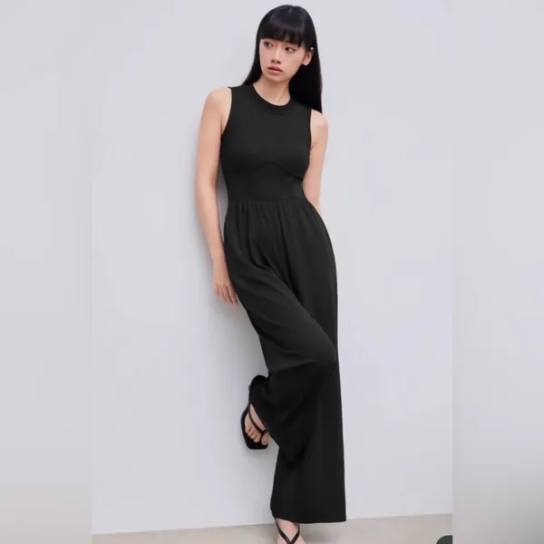 CIDER Solid Wide Leg Corset Rib Jumpsuit Black Minimalist Chic Vibe Size Large - Image 6