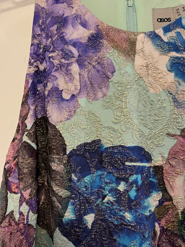 ASOS Teal Floral Gold Jacquard Dress - Size 6 - Image 2