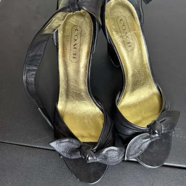 Coach Black Leather Peep-Toe Heels, Ankle Tie, 3.5" Block Heel, Size 6B - Image 6