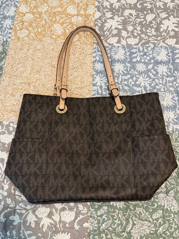Michael Kors Jet Set Tote MK Logo Large Carryall Laptop Bag Brown Tan Gold - Image 10
