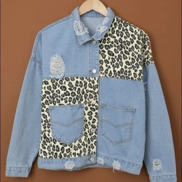 Leopard Patchwork Distressed Denim Jacket Relaxed Fit NIP Blue Size M - Image 5