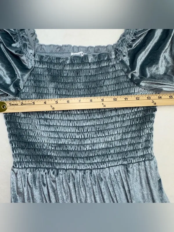 Baltic Born Slate Blue Velvet Smocked Tiered Puff Sleeve Midi Dress Size M - Image 9