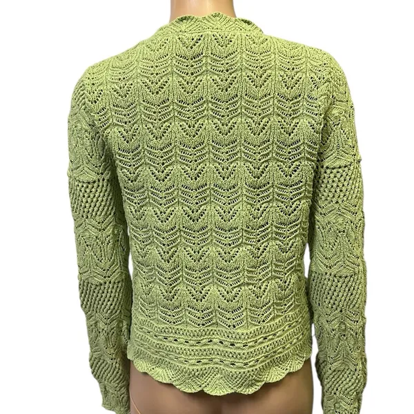 Mango MNG Open Work Knit Scalloped V neck Cardigan Long Sleeve Green Womens S - Image 4