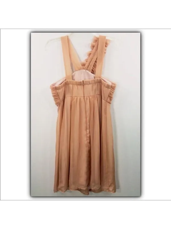 Mystic frilly ruffle trim shoulder sheer peach overlay cocktail dress size large - Image 5