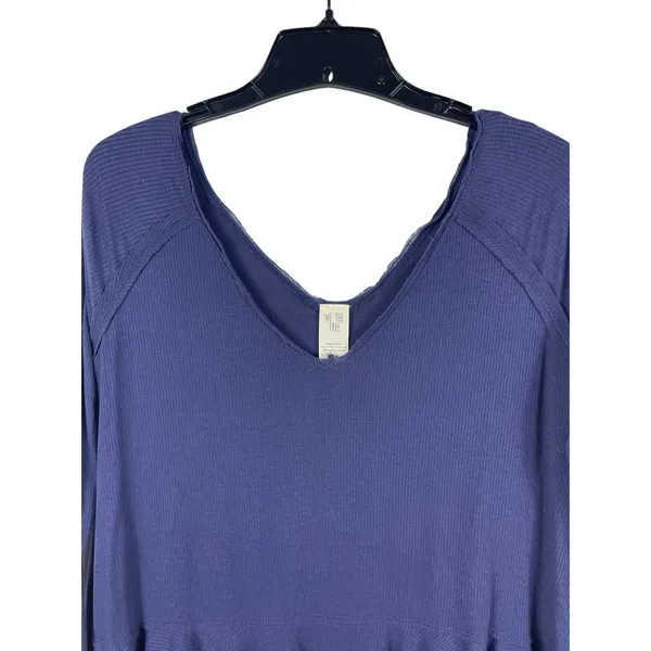 Free People We The Free Blue Ribbed Peplum Top Oversized XS Boho Raw Hem L Vneck - Image 2