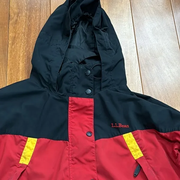 L.L. Bean Rain Jacket Womens Red Black Colorblock‎ Hooded Mesh Lined Large - Image 2